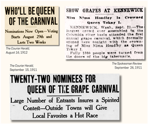 Newspaper clippings with headlines about grape carnival queens. 